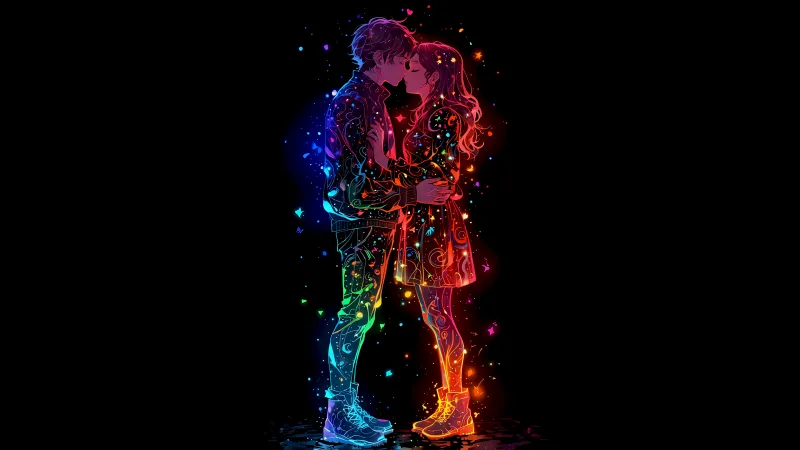 Kissing couple, Colorful art, AMOLED, Black background, 5K wallpaper, Romantic kiss, Love couple