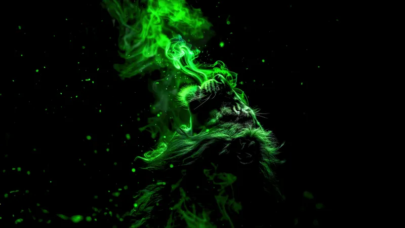 Lion wallpaper, Green aesthetic, AMOLED Black background 5K, Smoke, Dark theme