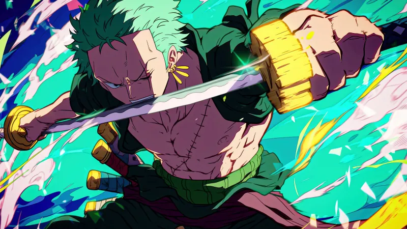 Roronoa Zoro Action, 5K background, Sword, Katana, One Piece