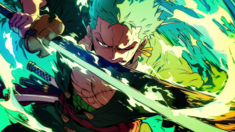 Roronoa Zoro 5K Wallpaper, Green, Artwork, Sword, One Piece