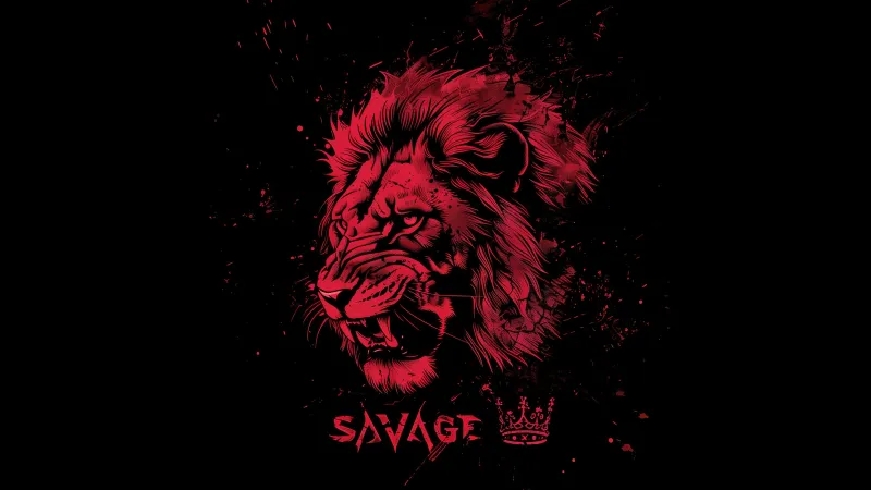 Lion, Dark red, Artwork, AMOLED Black background 5K