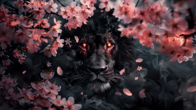 Lion, Sakura wallpaper 5K, Smoke, Cherry blossom