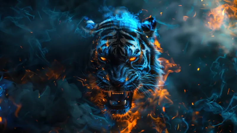 Roaring Tiger in Flames, 5K wallpaper, AI art, Dope