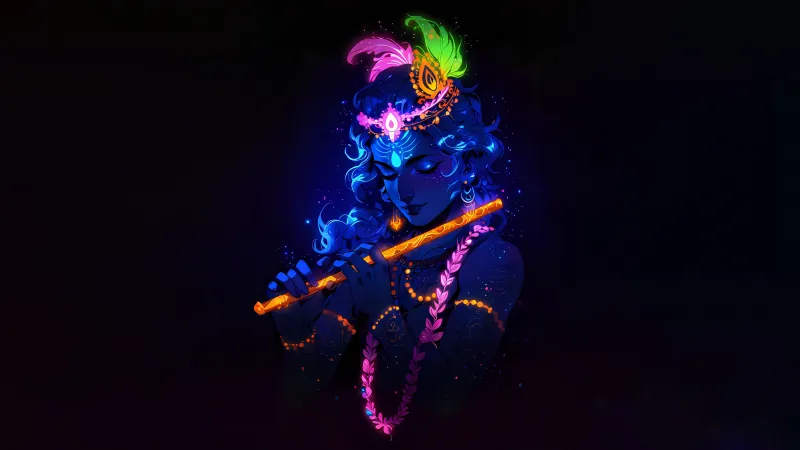 Lord Krishna, Glowing, Hinduism, AMOLED, 5K wallpaper, Dark background, Hindu God, Dark aesthetic