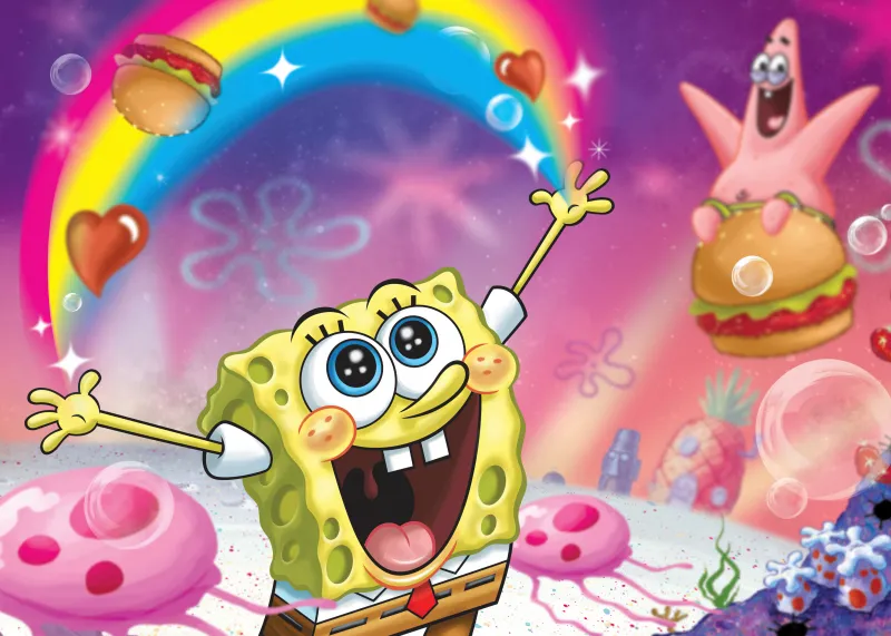Spongebob Squarepants wallpaper, Patrick Star, Cartoon, Rainbow, Underwater scene