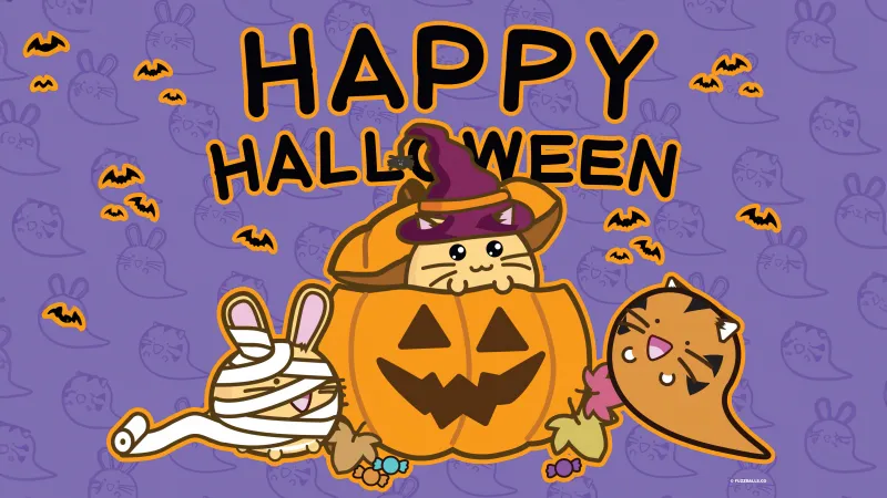 Happy Halloween, Fuzzballs, Kawaii cartoon, 5K wallpaper, Purple, Halloween Bats