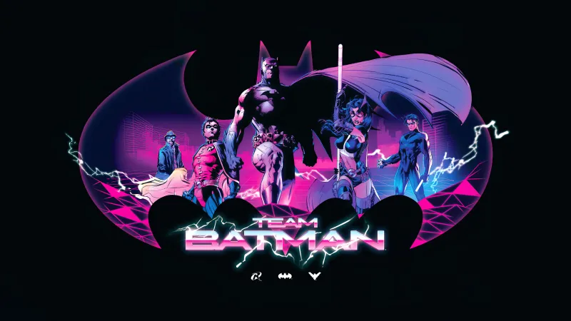 Team Batman, Robin, Huntress, Nightwing, Neon art, 5K wallpaper