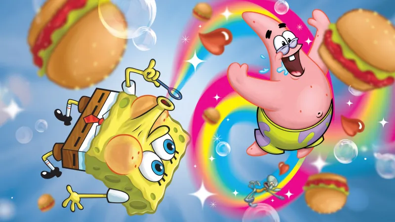 SpongeBob SquarePants, Rainbow Bubbles, Patrick Star, 5K wallpaper, Funny cartoon