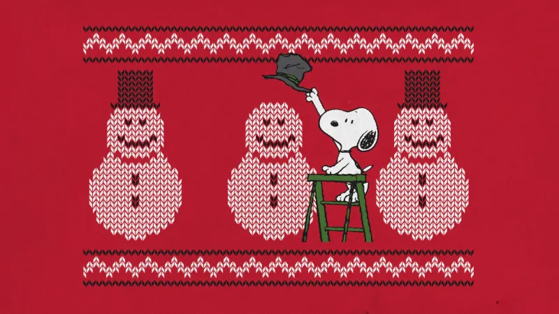 Snoopy Snowman, Christmas background, Red background 5K, Peanuts, Happy, Cartoon, Knitted, Illustration, Adorable, Cheerful, Festive season