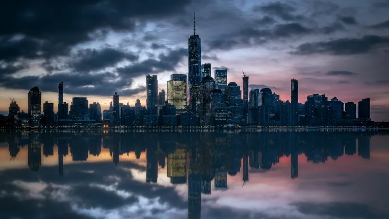 Lower Manhattan skyline wallpaper, Hudson River, Reflection