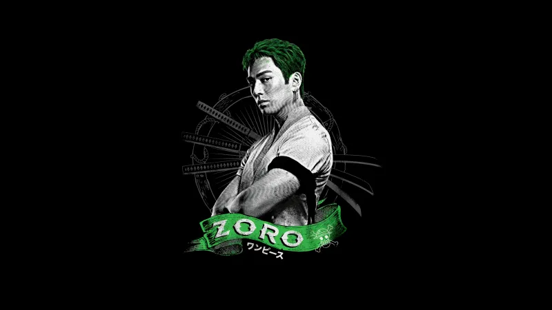 Mackenyu as Zoro, One Piece, Netflix series, Black background, 5K, 8K wallpaper, AMOLED