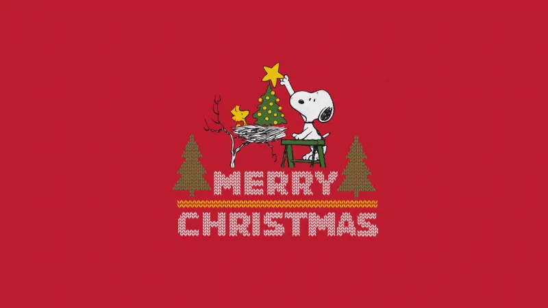 Snoopy Merry Christmas, Red background 8K, Woodstock