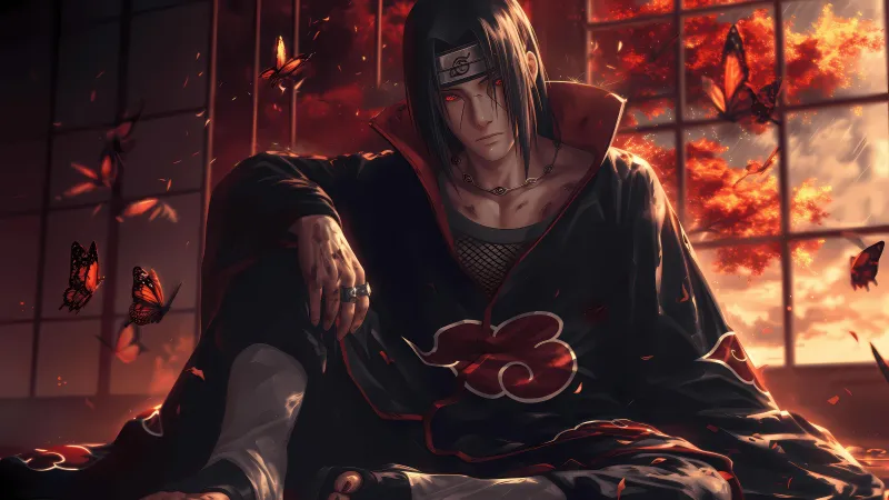 Itachi Uchiha, Akatsuki, Sharingan, Red aesthetic, 5K wallpaper
