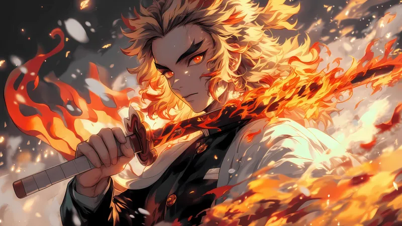 Kyojuro Rengoku Sword, Fire effect, Demon Slayer: Kimetsu no Yaiba, 5K wallpaper