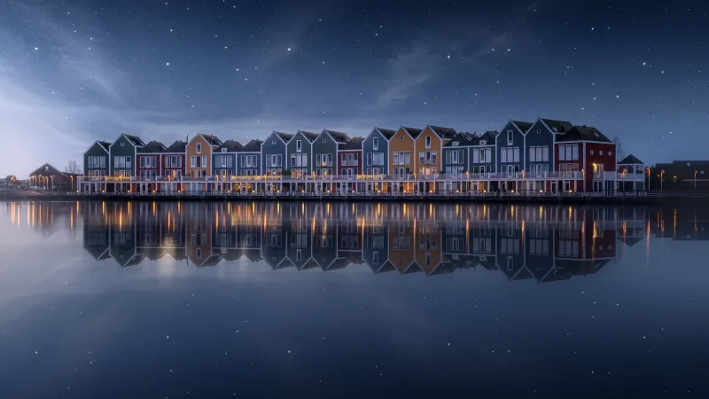Rainbow houses at night, Houten, Netherlands, 5K wallpaper