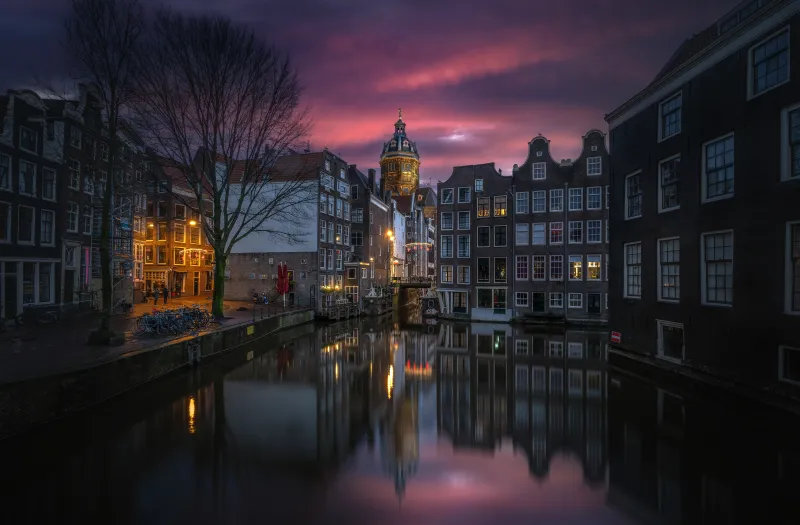 Amsterdam canal at dusk, St. Nicholas Basilica, Reflection, 5K wallpaper