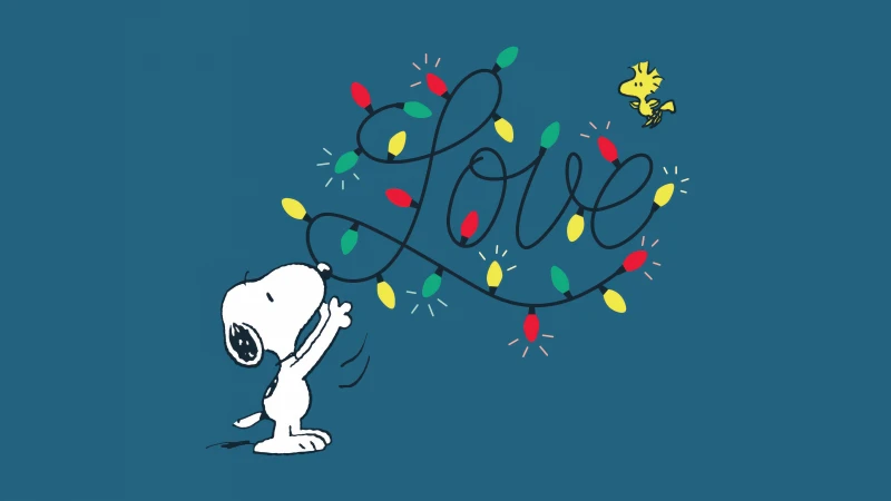 Snoopy 8K Wallpaper, Love text, Woodstock, String Lights, Christmas decoration, Cartoon, Holidays, Love word