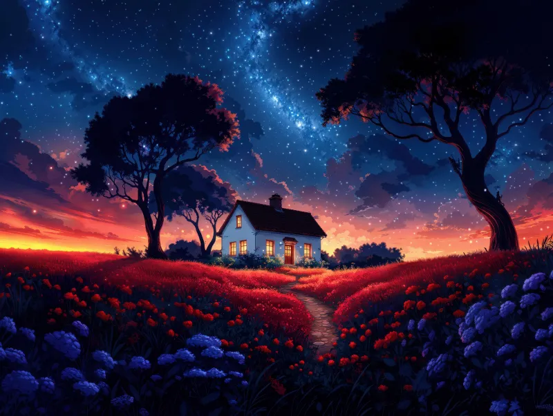 Cottage under the Milky Way, Red flower field, Digital art, 4K wallpaper