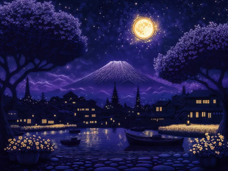 Mount Fuji night illustration, Full moon, Purple, 5K wallpaper