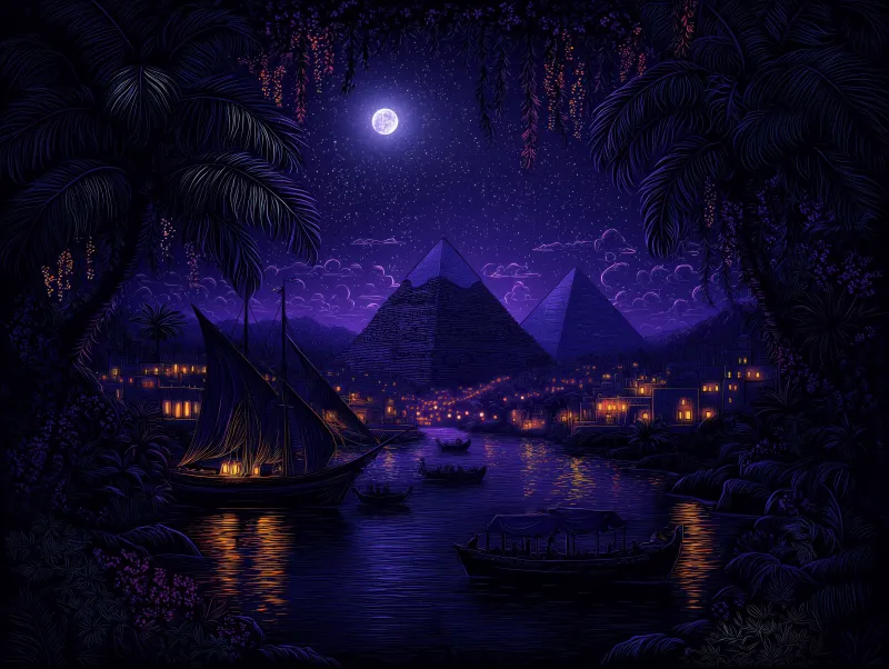 Purple Egyptian Pyramids, Night, Moonlight, Illuminated, Surrealism, Purple sky