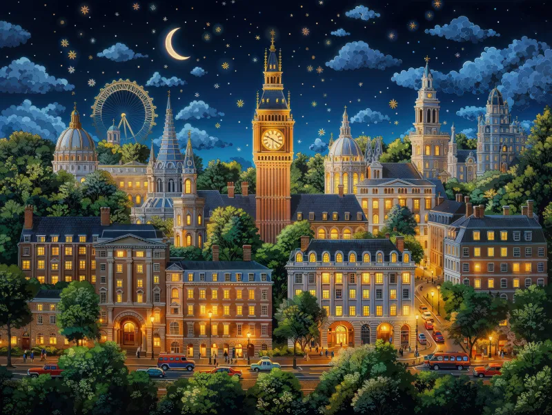 London Aesthetic Wallpaper, Big Ben, Cityscape, Night City, Night sky, Stars in sky, Crescent Moon, Night illumination, Buildings, 5K, AI art, United Kingdom, England, Europe, Urban, Tourist attraction