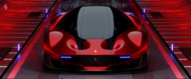 Ferrari hypercar concept, Ultrawide, Red, Top view, Neon lights wallpaper