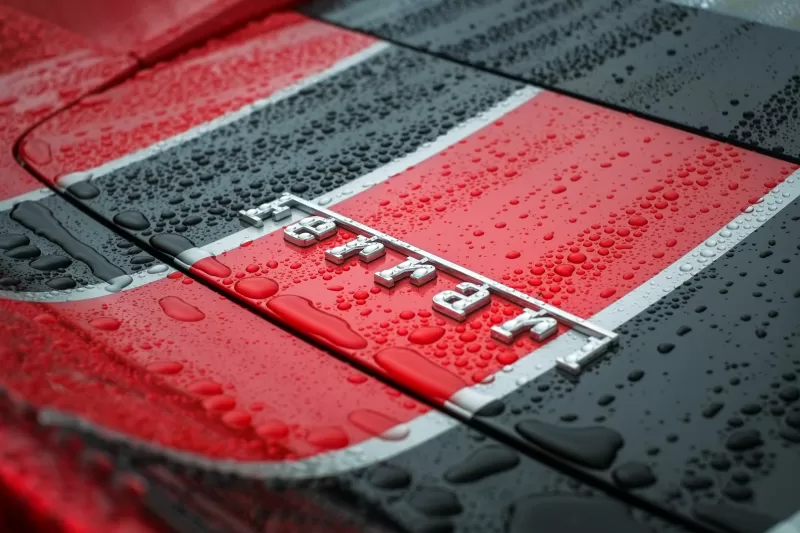 Ferrari badge wallpaper, Water droplets, Red and black stripes, Macro, 5K