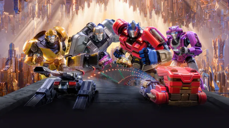 Transformers One Movie poster, Orion Pax (Optimus Prime), B-127 (Bumblebee), Elita One, D-16 (Megatron), 5K wallpaper