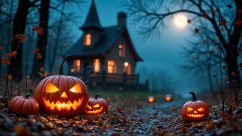 Haunted house, Halloween pumpkins, Halloween night, Jack-o'-lantern, 5K wallpaper