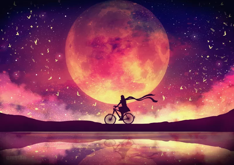 Moon Girl, Dream wallpaper 4K, Lake, Bicycle, Surreal, Evening