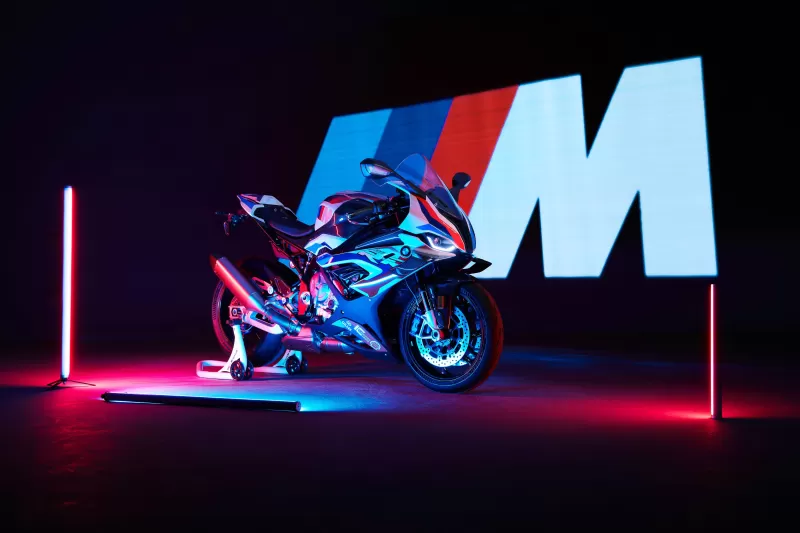 BMW M 1000 RR, Race bikes, 2021, 5K, Neon, Dark background