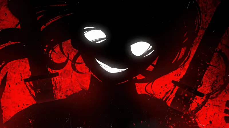 Evil anime girl, Red background, Glowing eyes, Evil laugh, 5K wallpaper