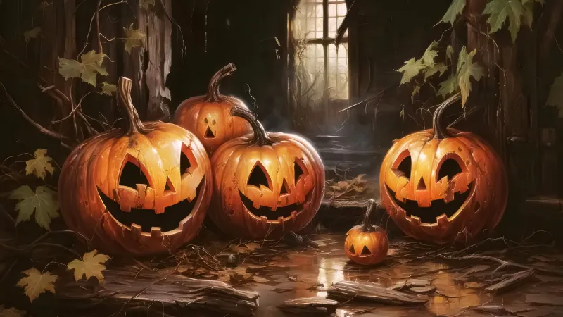 Smiling jack-o'-lanterns, Halloween pumpkins, Spooky house, 5K wallpaper