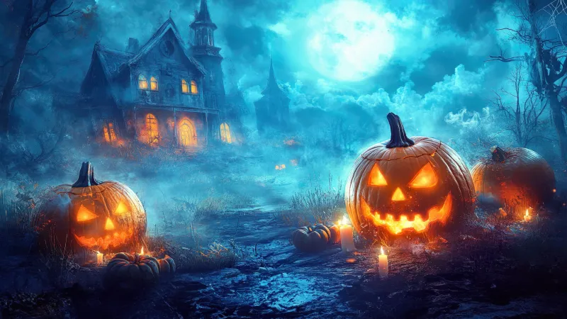 Halloween pumpkins wallpaper, Haunted house, Blue mist
