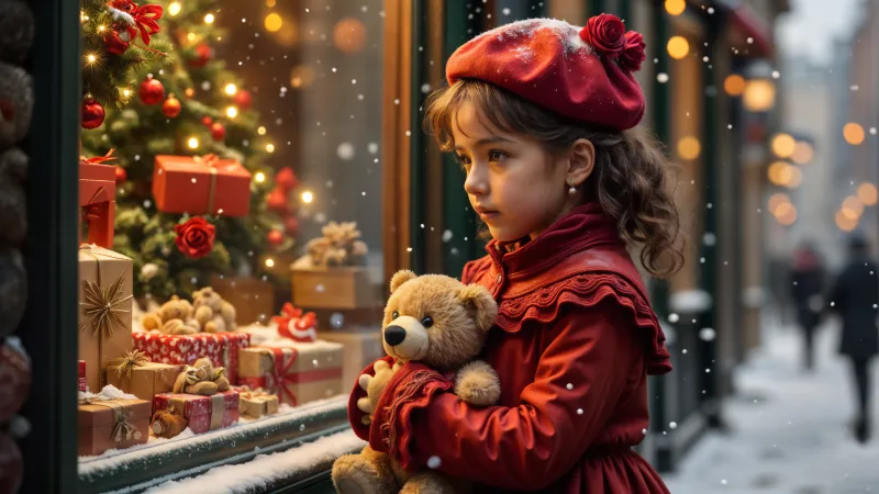 Girl with teddy bear at Christmas window, Snowfall, Gifts, 4K wallpaper