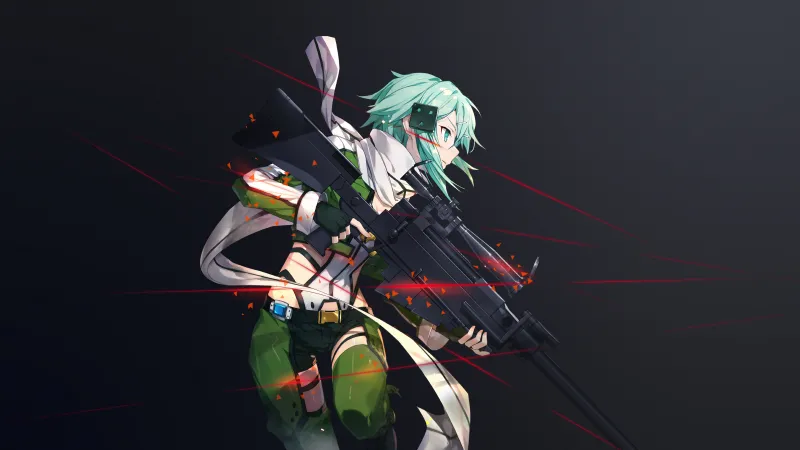 Sinon (Shino Asada), Sniper, Dark background, Sword Art Online 4K Wallpaper