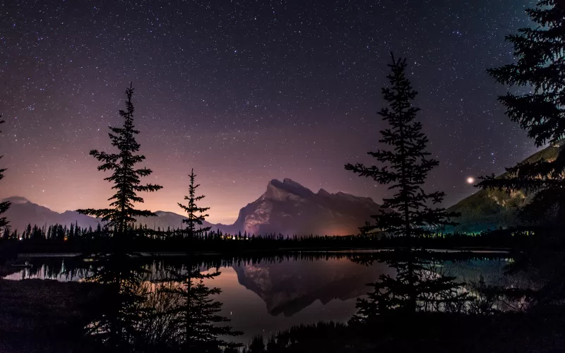 Mount Rundle, Nightscape, Banff National Park, Reflection, Starry sky, 5K