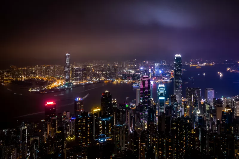 Hong Kong City Skyline, Body of Water, Skyscrapers, Night time, Cityscape, Aerial view, City lights, River, 5K