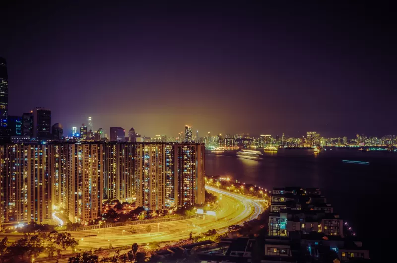Quarry Bay Park, Hong Kong City, Cityscape, Night time, City lights, Highway, Buildings, Skyscrapers, Sea, Purple sky, Body of Water