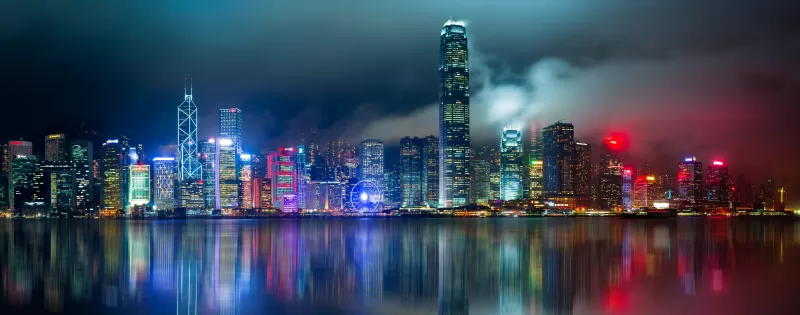Hong Kong City, Skyline, Body of Water, Reflection, Skyscrapers, Modern architecture, Cityscape, Night lights, Scenic, 5K, 8K