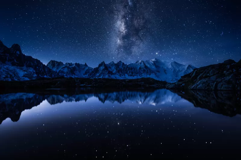 Milky Way, Starry sky, Night, Mountains, Lake, Reflection, Cold, 5K