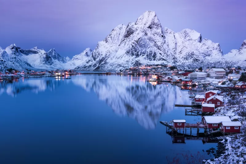 Reine, Lofoten islands, Snow mountains, Glacier, Reflection, Village, Water, Norway, Aesthetic, 5K, 8K