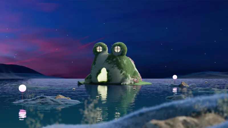 Frog house on a lake wallpaper, Night sky, Surreal 3D