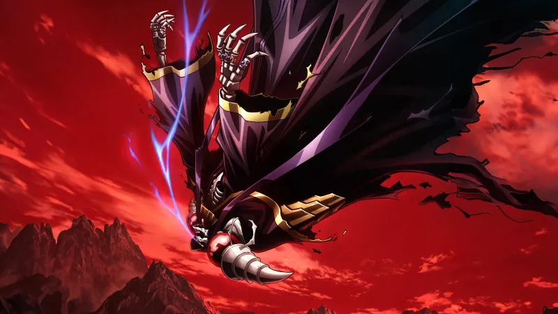 Momonga, Overlord: The Sacred Kingdom, Ainz Ooal Gown, Red sky wallpaper, Dark anime, 5K wallpaper