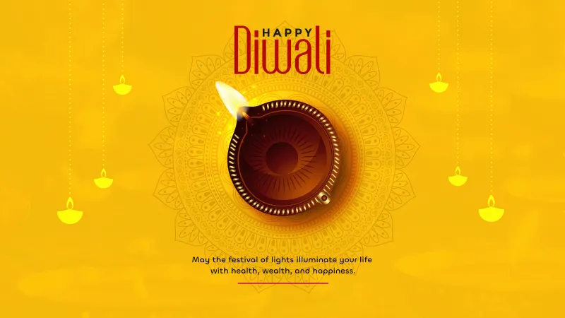Happy Diwali wallpaper, Golden diya, Yellow background