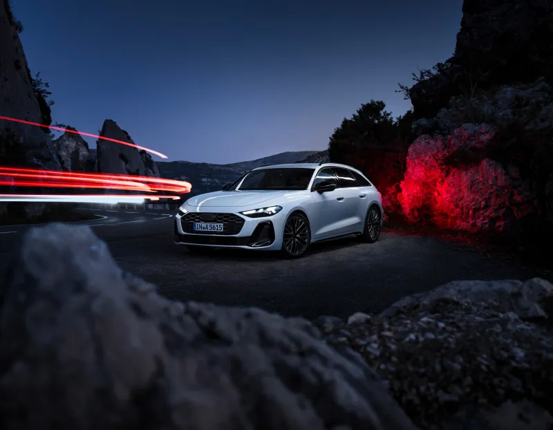 Audi A5 Avant wallpaper, White estate, Red light trails, Night road, 2024