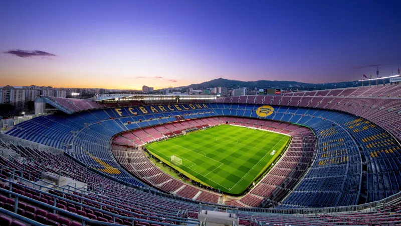 Camp Nou at sunset, FC Barcelona stadium, Spain, 5K wallpaper