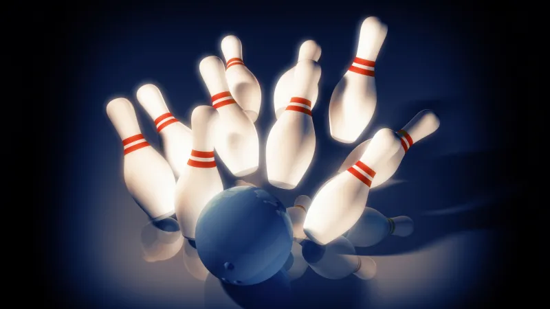 Bowling strike wallpaper, Glowing pins, Dark blue