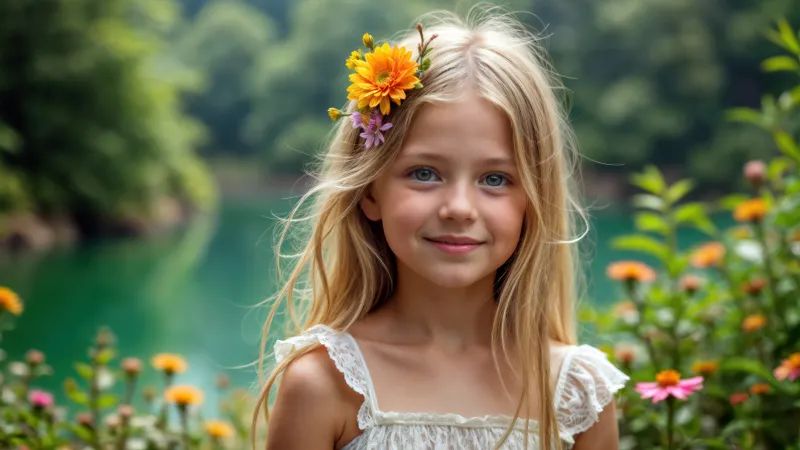 Smiling girl with flowers in her hair, Lake, AI art, 5K wallpaper