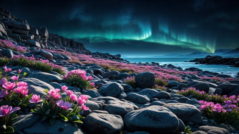 Aurora over a rocky shore wallpaper, Pink wildflowers, Night sky